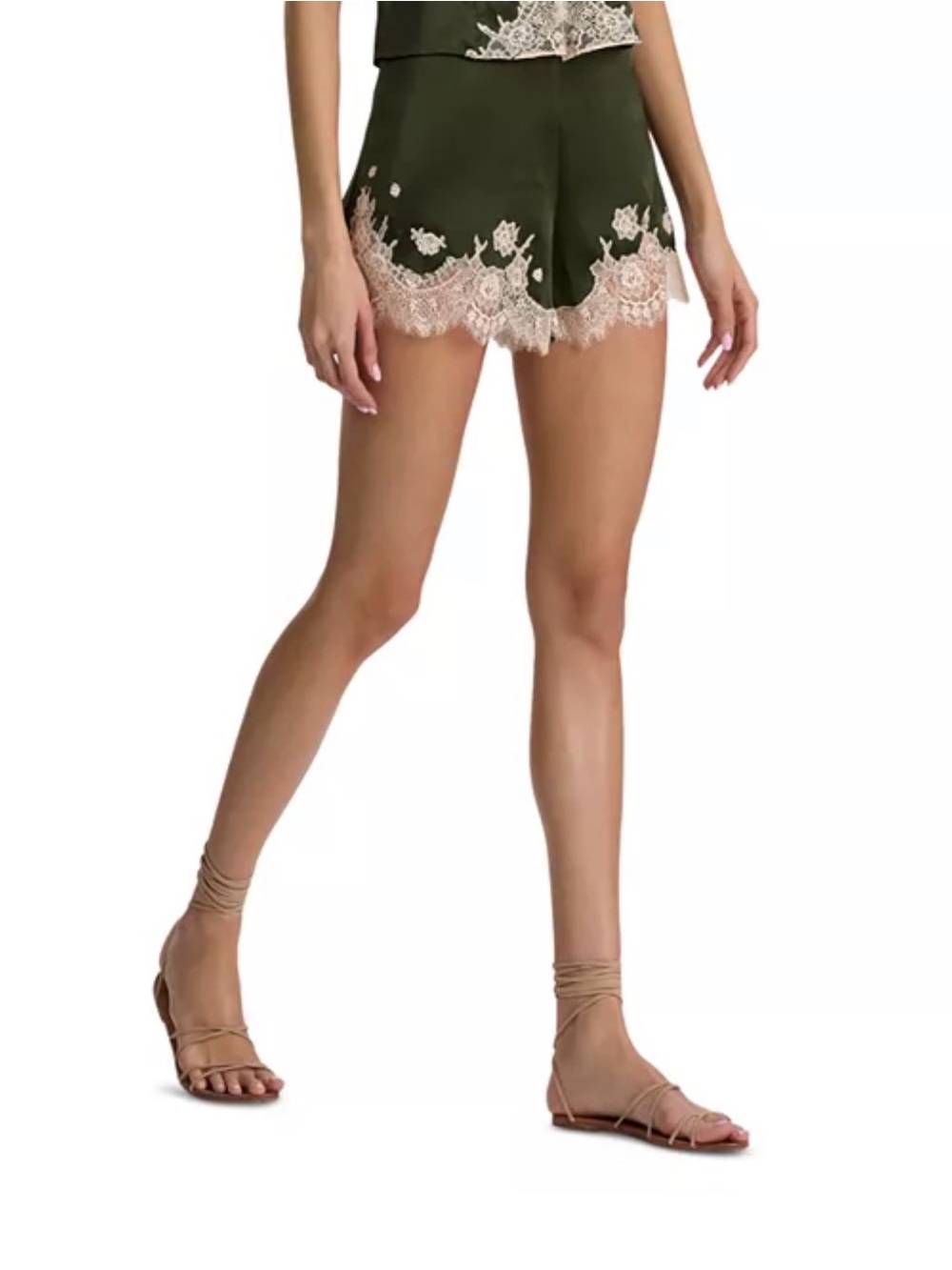 Alice + Olivia Olive Green Shorts with Cream Lace Hem